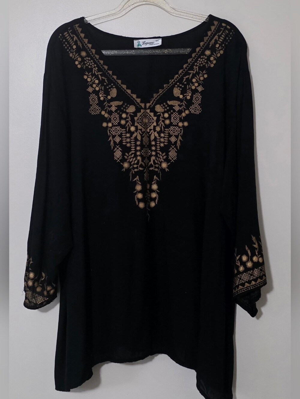 Lapogee Black With Gold Metallic Printed Tunic Top Witchy Ethnic Boho 3X